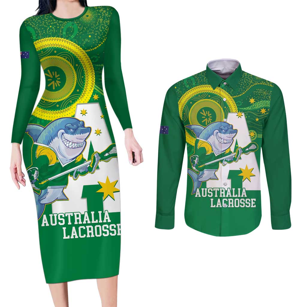Custom Australia Lacrosse Couples Matching Long Sleeve Bodycon Dress and Long Sleeve Button Shirt Go Aussie Shark Aboriginal Art