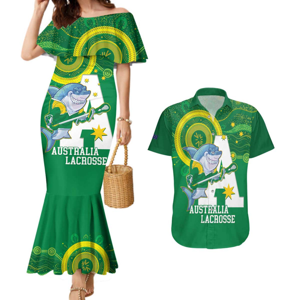 Custom Australia Lacrosse Couples Matching Mermaid Dress and Hawaiian Shirt Go Aussie Shark Aboriginal Art
