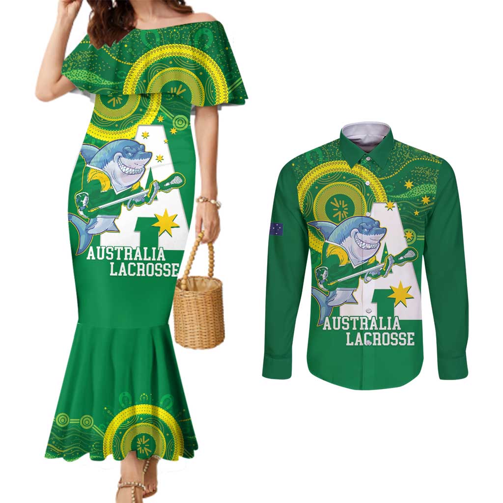 Custom Australia Lacrosse Couples Matching Mermaid Dress and Long Sleeve Button Shirt Go Aussie Shark Aboriginal Art