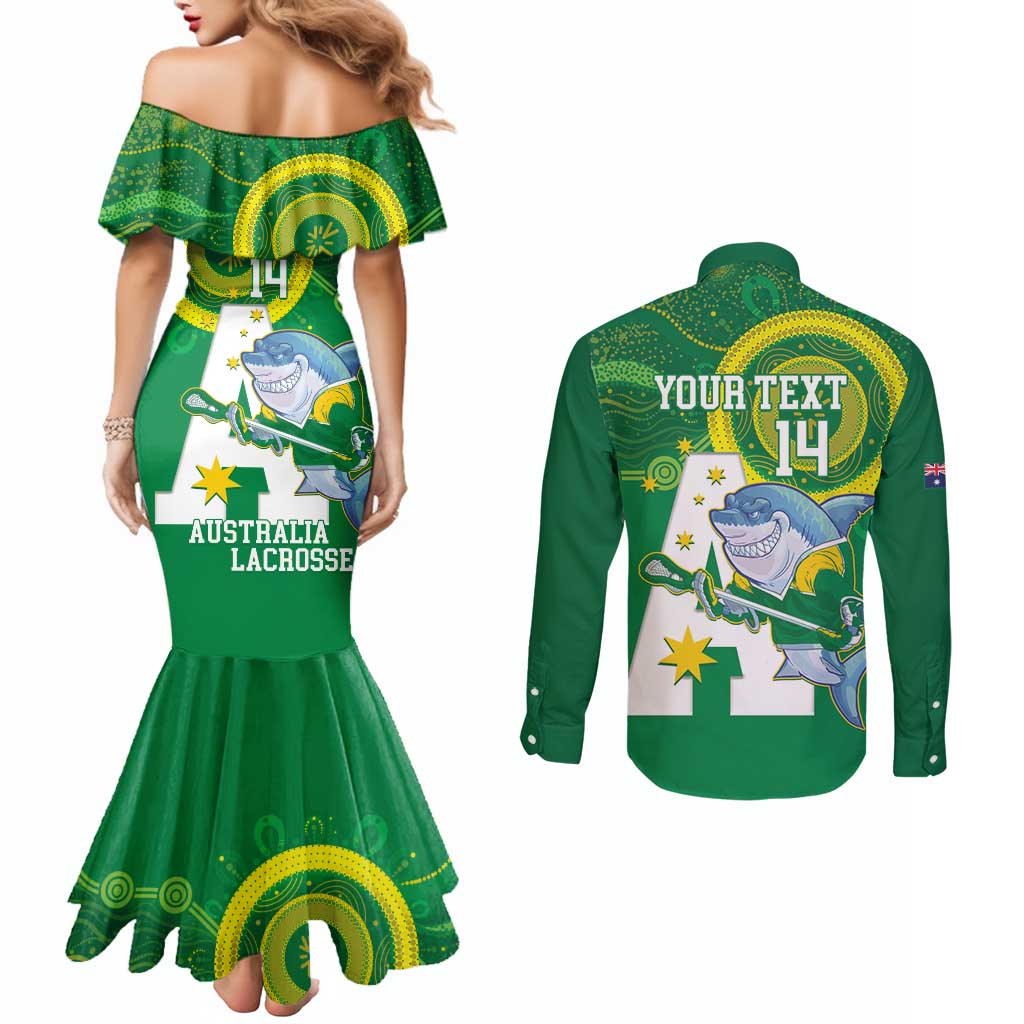 Custom Australia Lacrosse Couples Matching Mermaid Dress and Long Sleeve Button Shirt Go Aussie Shark Aboriginal Art