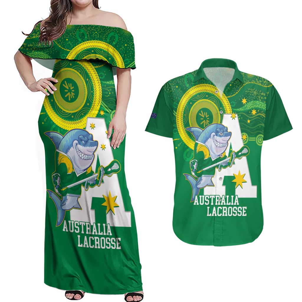 Custom Australia Lacrosse Couples Matching Off Shoulder Maxi Dress and Hawaiian Shirt Go Aussie Shark Aboriginal Art