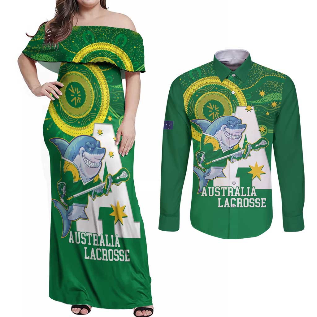Custom Australia Lacrosse Couples Matching Off Shoulder Maxi Dress and Long Sleeve Button Shirt Go Aussie Shark Aboriginal Art
