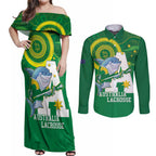 Custom Australia Lacrosse Couples Matching Off Shoulder Maxi Dress and Long Sleeve Button Shirt Go Aussie Shark Aboriginal Art