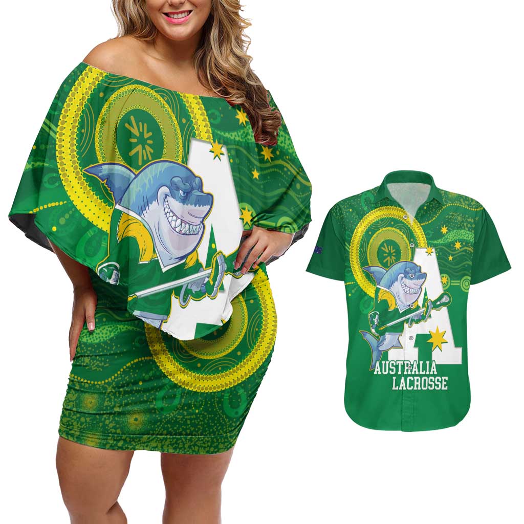 Custom Australia Lacrosse Couples Matching Off Shoulder Short Dress and Hawaiian Shirt Go Aussie Shark Aboriginal Art