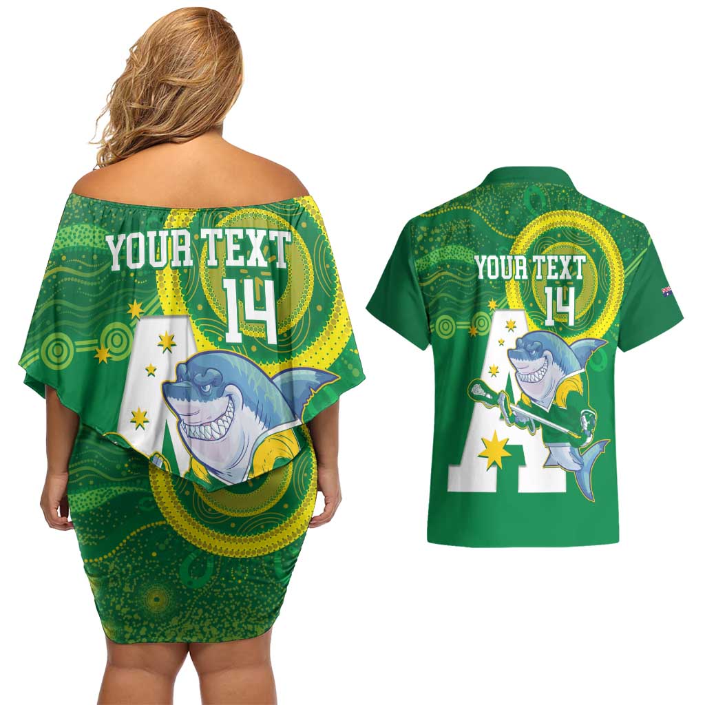 Custom Australia Lacrosse Couples Matching Off Shoulder Short Dress and Hawaiian Shirt Go Aussie Shark Aboriginal Art