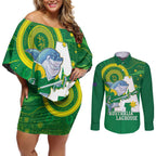 Custom Australia Lacrosse Couples Matching Off Shoulder Short Dress and Long Sleeve Button Shirt Go Aussie Shark Aboriginal Art