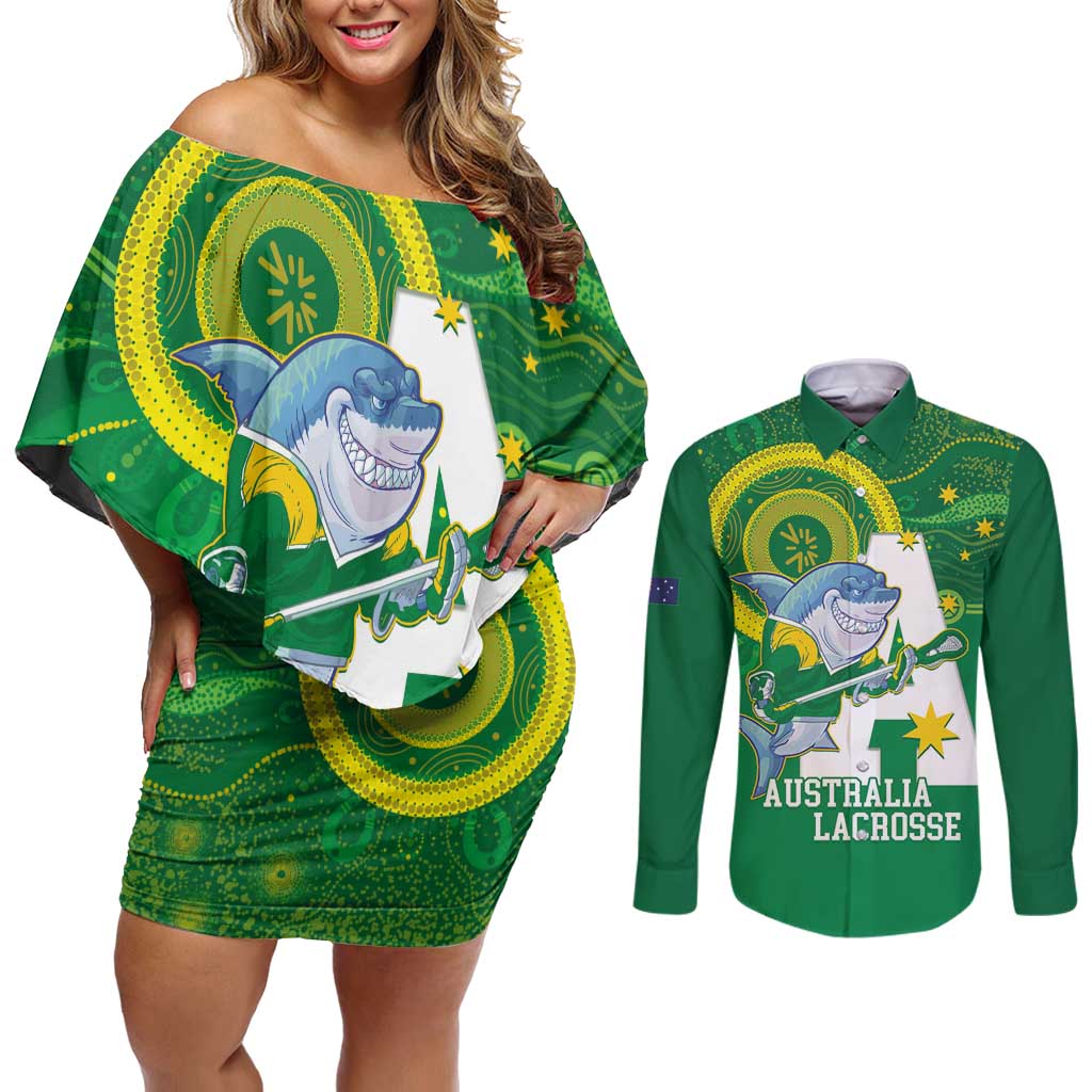 Custom Australia Lacrosse Couples Matching Off Shoulder Short Dress and Long Sleeve Button Shirt Go Aussie Shark Aboriginal Art