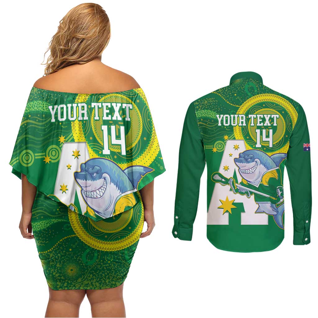 Custom Australia Lacrosse Couples Matching Off Shoulder Short Dress and Long Sleeve Button Shirt Go Aussie Shark Aboriginal Art