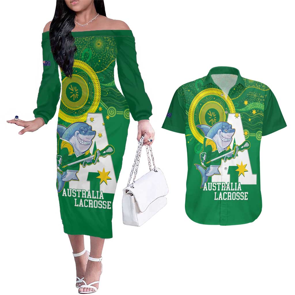 Custom Australia Lacrosse Couples Matching Off The Shoulder Long Sleeve Dress and Hawaiian Shirt Go Aussie Shark Aboriginal Art