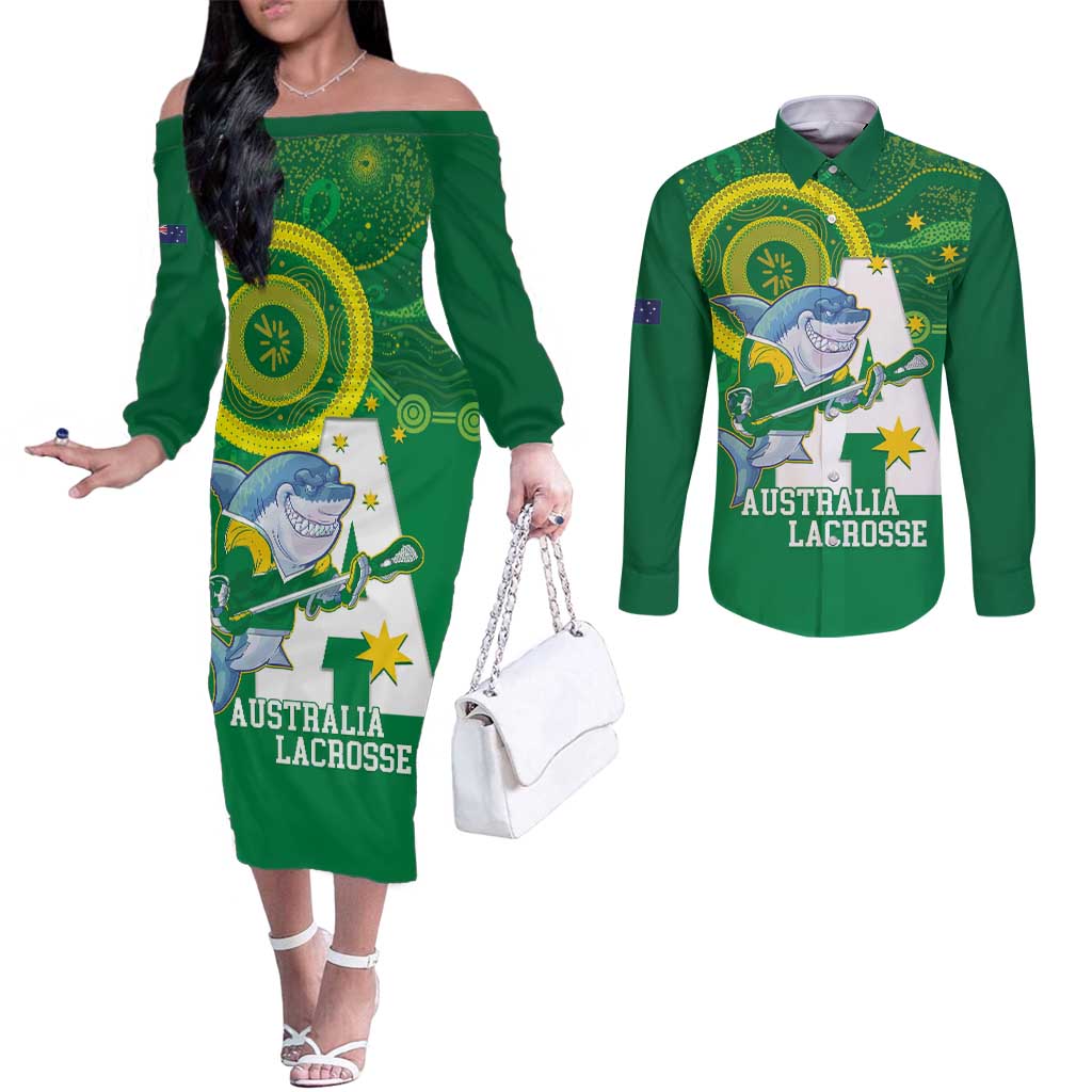 Custom Australia Lacrosse Couples Matching Off The Shoulder Long Sleeve Dress and Long Sleeve Button Shirt Go Aussie Shark Aboriginal Art