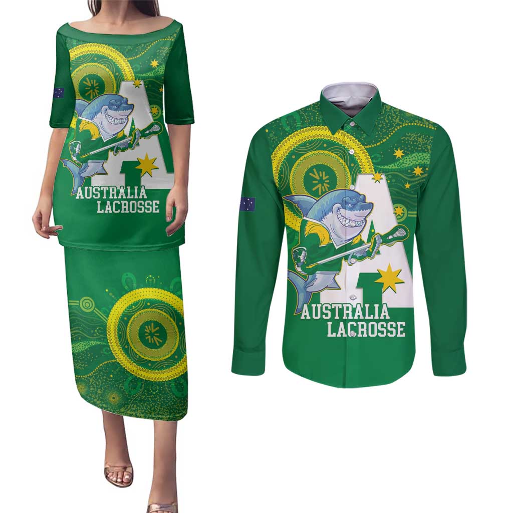 Custom Australia Lacrosse Couples Matching Puletasi and Long Sleeve Button Shirt Go Aussie Shark Aboriginal Art