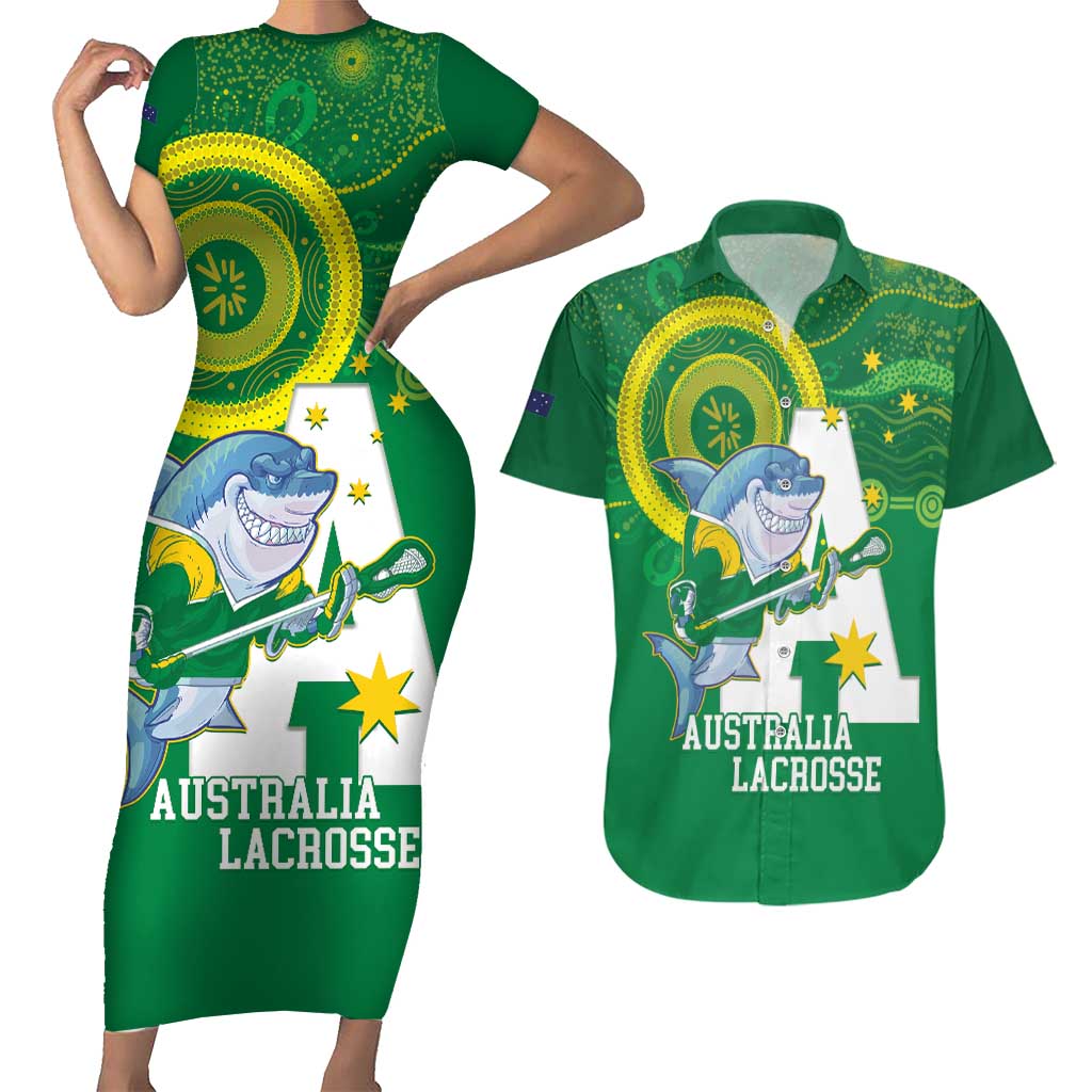 Custom Australia Lacrosse Couples Matching Short Sleeve Bodycon Dress and Hawaiian Shirt Go Aussie Shark Aboriginal Art
