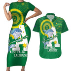 Custom Australia Lacrosse Couples Matching Short Sleeve Bodycon Dress and Hawaiian Shirt Go Aussie Shark Aboriginal Art