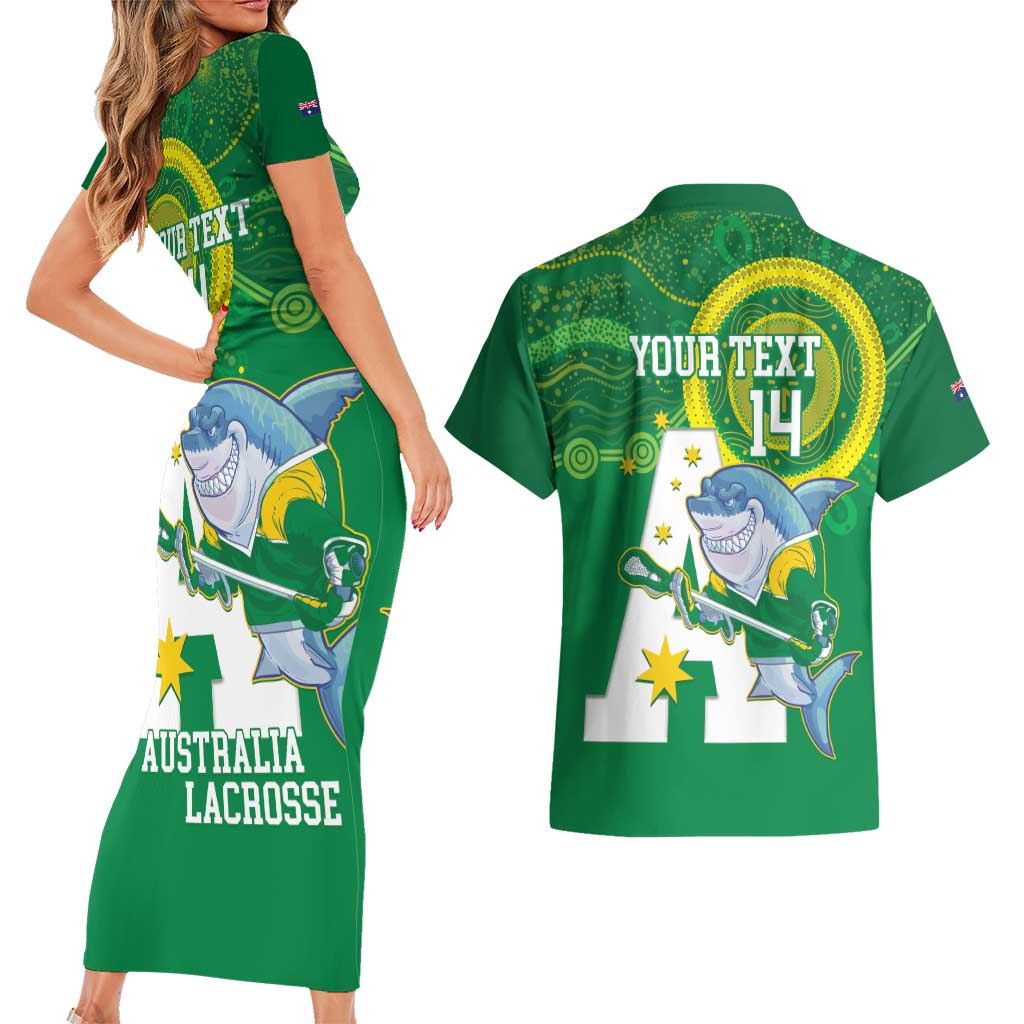 Custom Australia Lacrosse Couples Matching Short Sleeve Bodycon Dress and Hawaiian Shirt Go Aussie Shark Aboriginal Art
