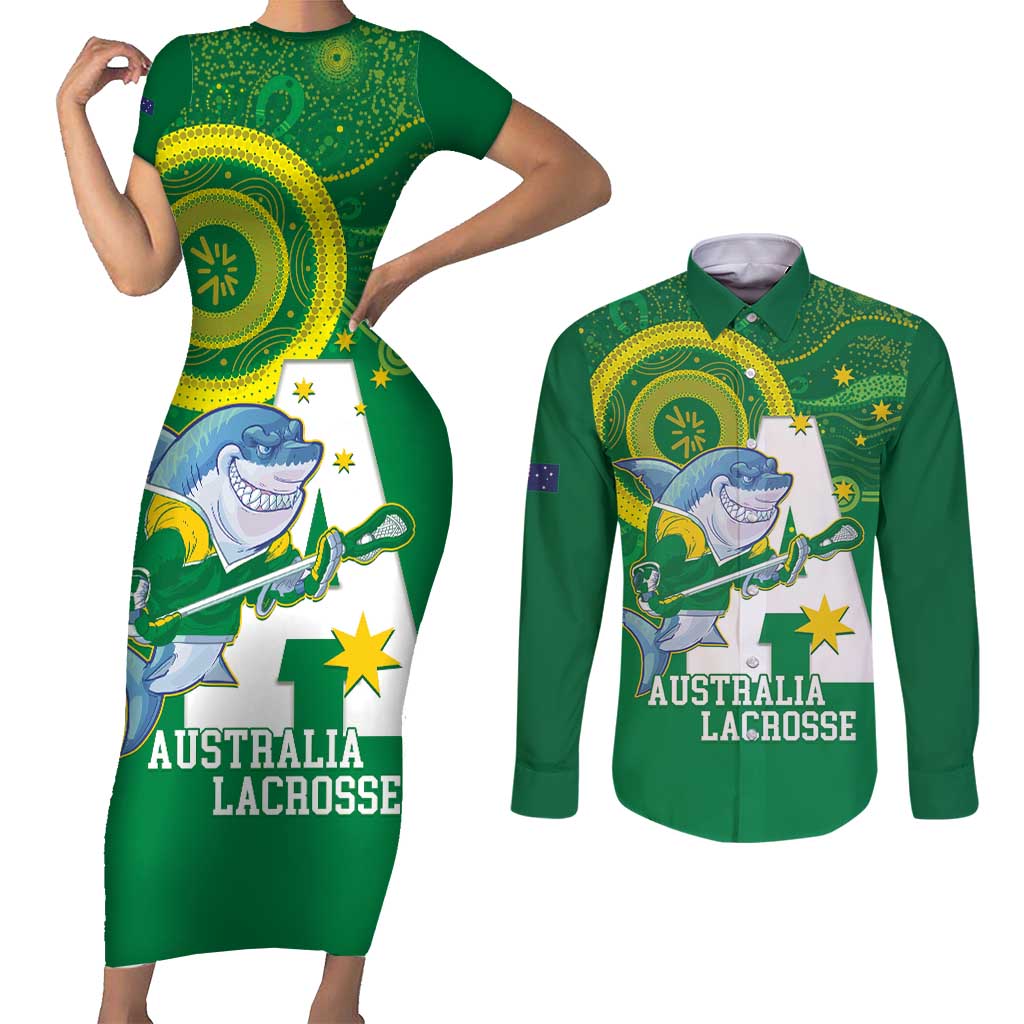Custom Australia Lacrosse Couples Matching Short Sleeve Bodycon Dress and Long Sleeve Button Shirt Go Aussie Shark Aboriginal Art