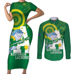 Custom Australia Lacrosse Couples Matching Short Sleeve Bodycon Dress and Long Sleeve Button Shirt Go Aussie Shark Aboriginal Art