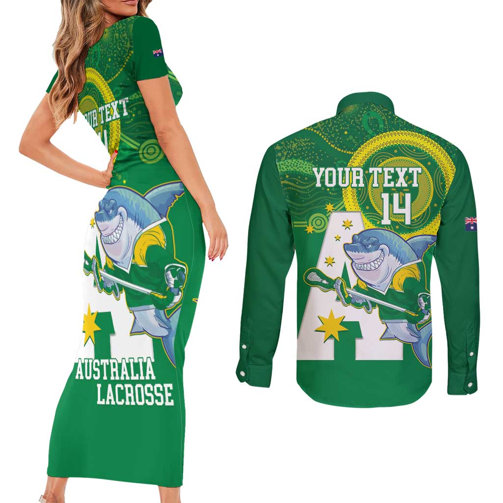 Custom Australia Lacrosse Couples Matching Short Sleeve Bodycon Dress and Long Sleeve Button Shirt Go Aussie Shark Aboriginal Art
