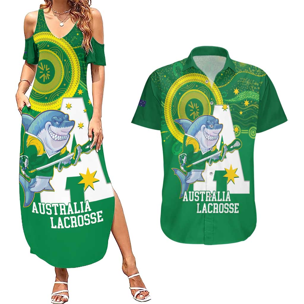 Custom Australia Lacrosse Couples Matching Summer Maxi Dress and Hawaiian Shirt Go Aussie Shark Aboriginal Art