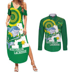 Custom Australia Lacrosse Couples Matching Summer Maxi Dress and Long Sleeve Button Shirt Go Aussie Shark Aboriginal Art