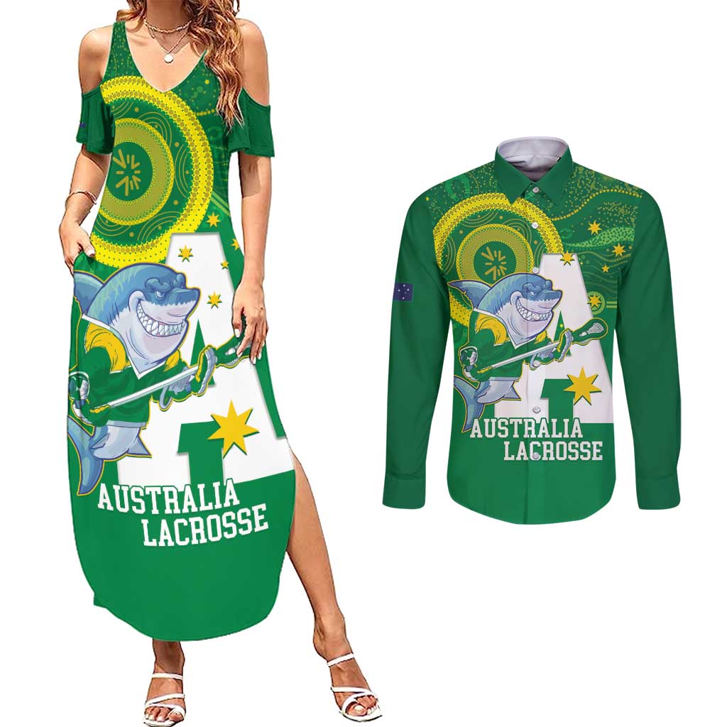 Custom Australia Lacrosse Couples Matching Summer Maxi Dress and Long Sleeve Button Shirt Go Aussie Shark Aboriginal Art