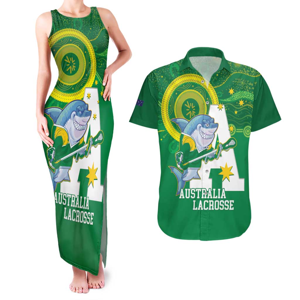 Custom Australia Lacrosse Couples Matching Tank Maxi Dress and Hawaiian Shirt Go Aussie Shark Aboriginal Art