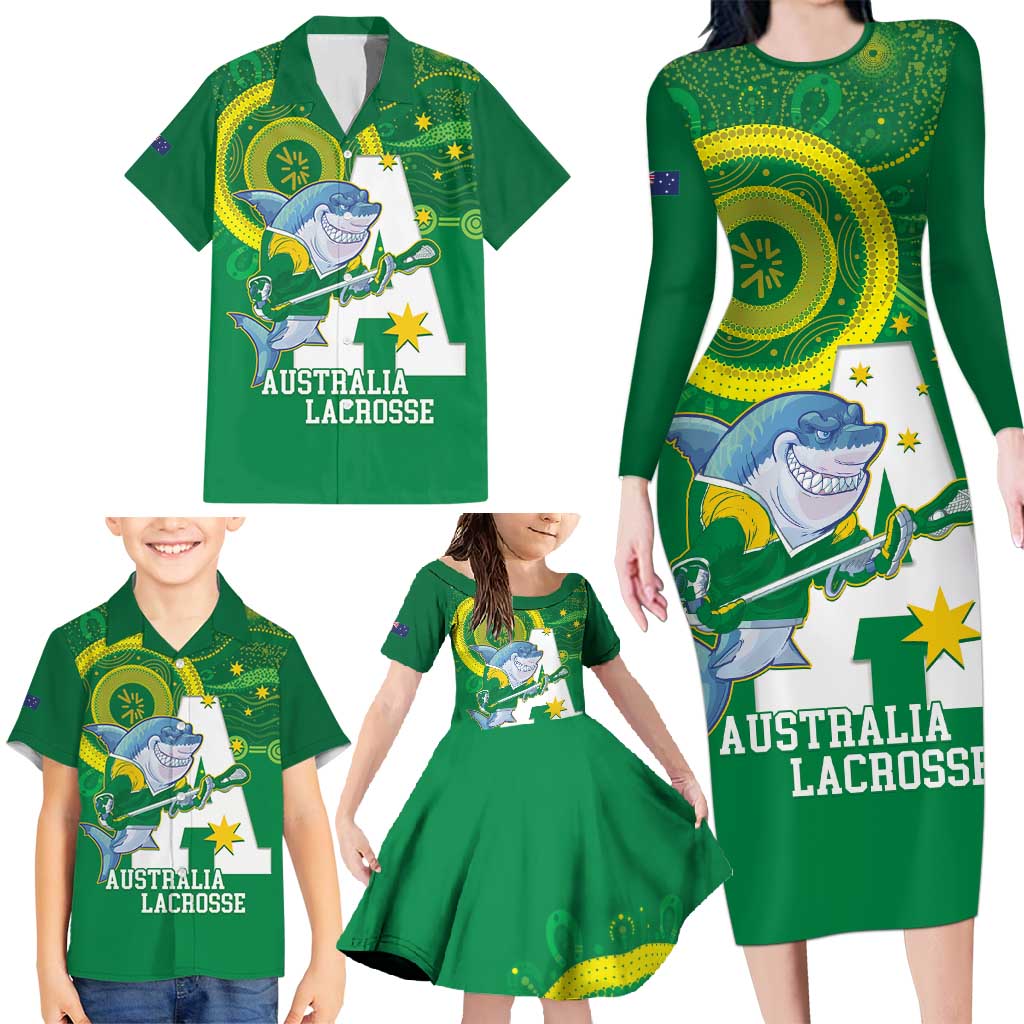 Custom Australia Lacrosse Family Matching Long Sleeve Bodycon Dress and Hawaiian Shirt Go Aussie Shark Aboriginal Art
