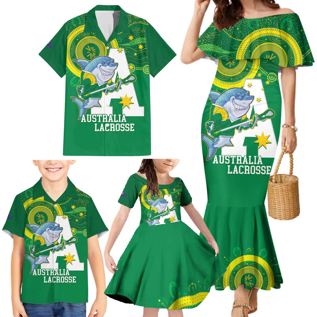 Custom Australia Lacrosse Family Matching Mermaid Dress and Hawaiian Shirt Go Aussie Shark Aboriginal Art