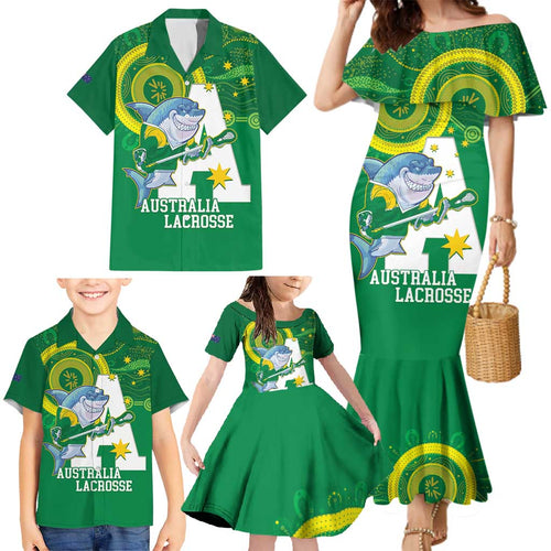 Custom Australia Lacrosse Family Matching Mermaid Dress and Hawaiian Shirt Go Aussie Shark Aboriginal Art