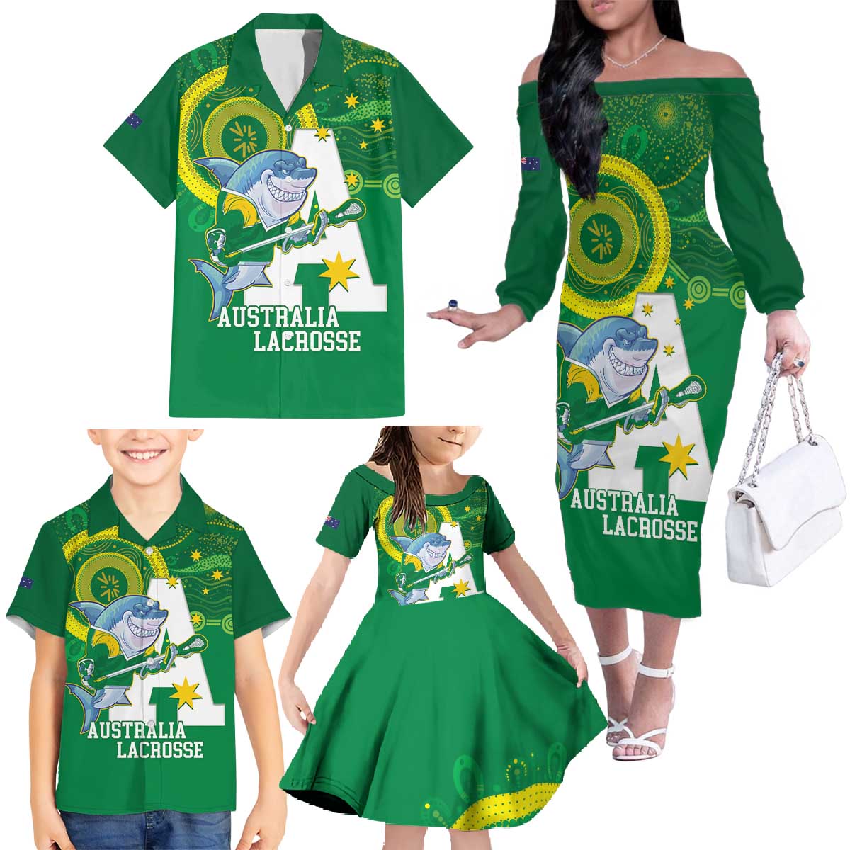 Custom Australia Lacrosse Family Matching Off The Shoulder Long Sleeve Dress and Hawaiian Shirt Go Aussie Shark Aboriginal Art