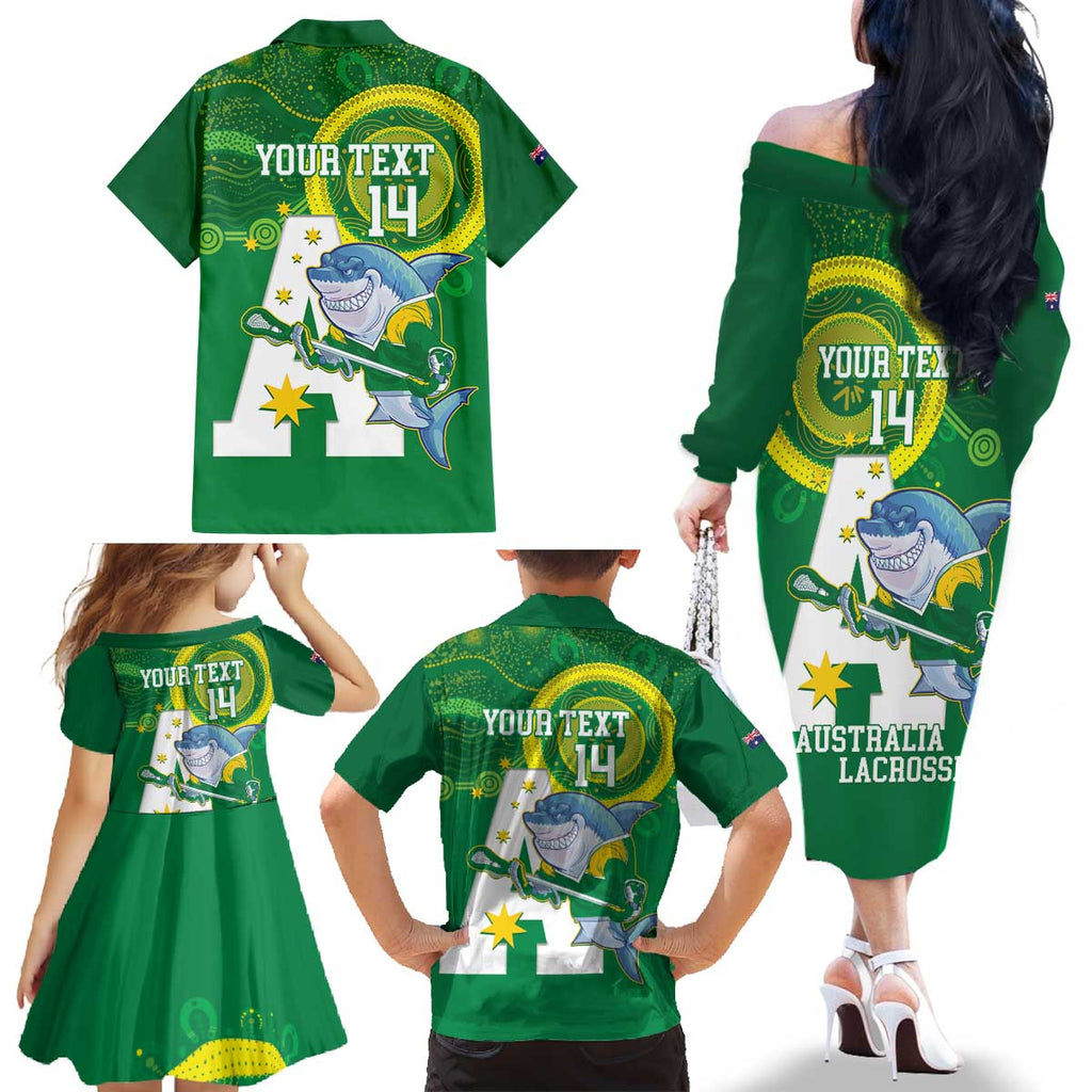 Custom Australia Lacrosse Family Matching Off The Shoulder Long Sleeve Dress and Hawaiian Shirt Go Aussie Shark Aboriginal Art