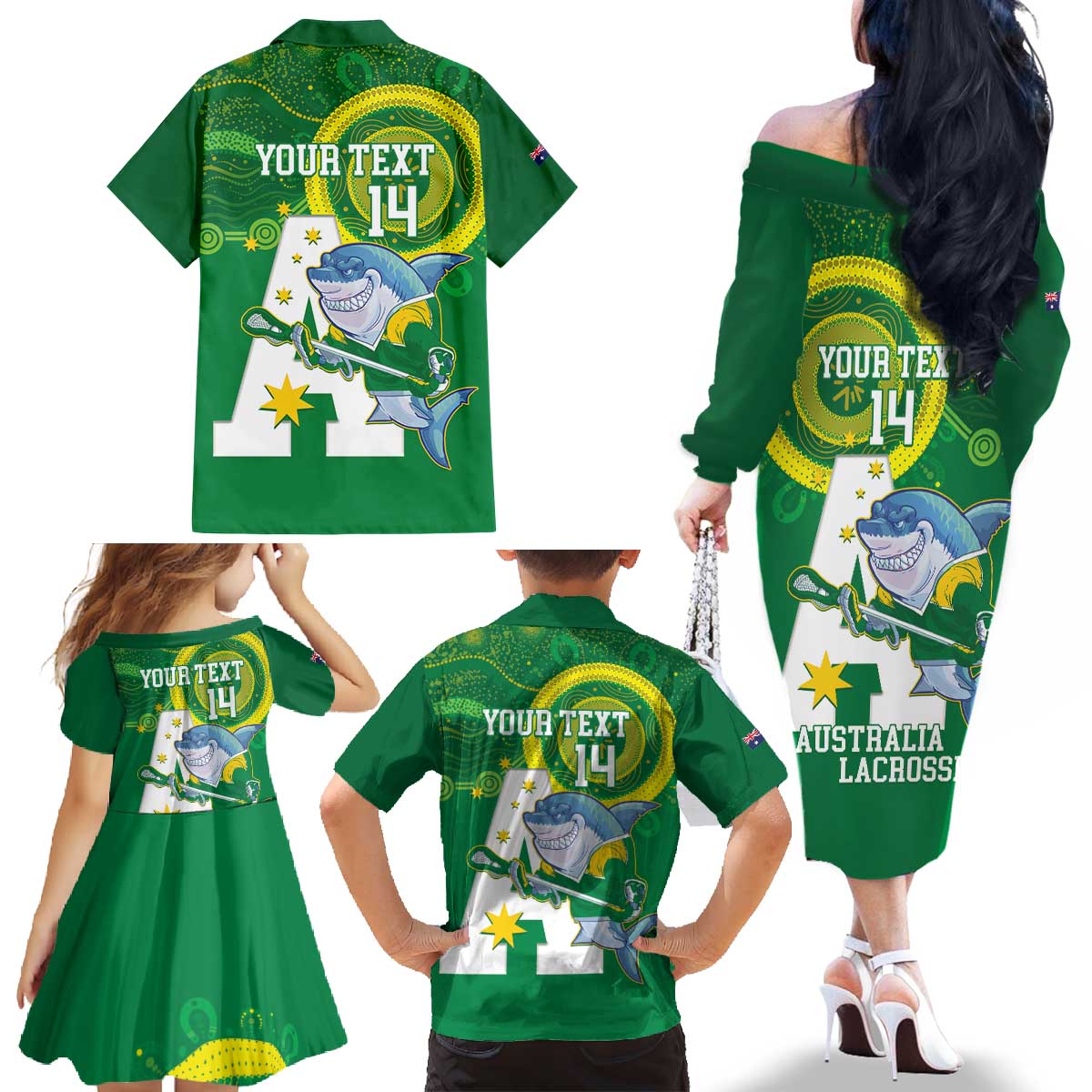 Custom Australia Lacrosse Family Matching Off The Shoulder Long Sleeve Dress and Hawaiian Shirt Go Aussie Shark Aboriginal Art