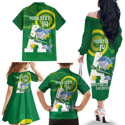 Custom Australia Lacrosse Family Matching Off The Shoulder Long Sleeve Dress and Hawaiian Shirt Go Aussie Shark Aboriginal Art