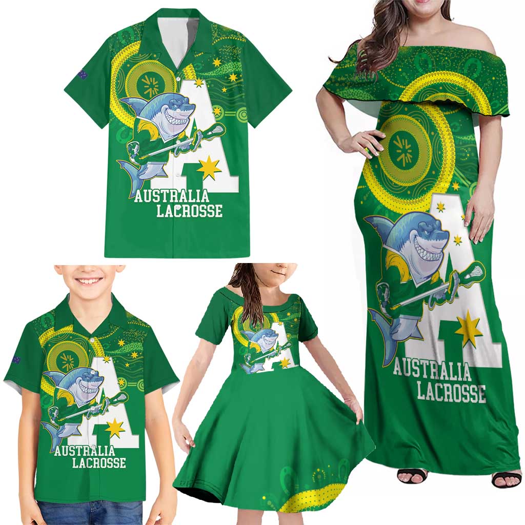 Custom Australia Lacrosse Family Matching Off Shoulder Maxi Dress and Hawaiian Shirt Go Aussie Shark Aboriginal Art