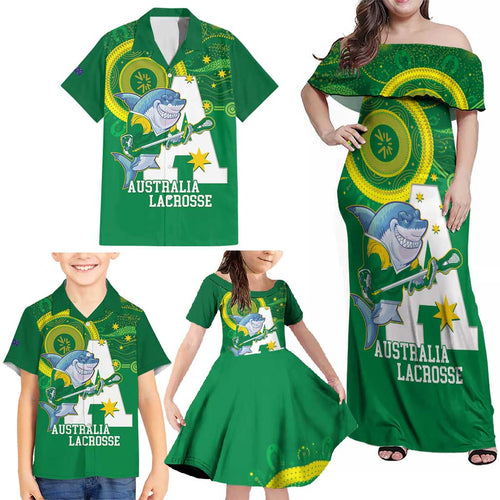 Custom Australia Lacrosse Family Matching Off Shoulder Maxi Dress and Hawaiian Shirt Go Aussie Shark Aboriginal Art