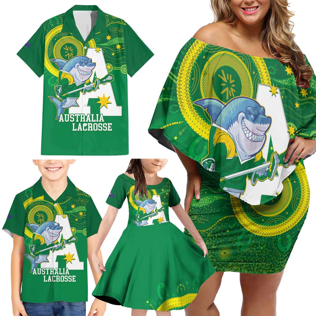 Custom Australia Lacrosse Family Matching Off Shoulder Short Dress and Hawaiian Shirt Go Aussie Shark Aboriginal Art