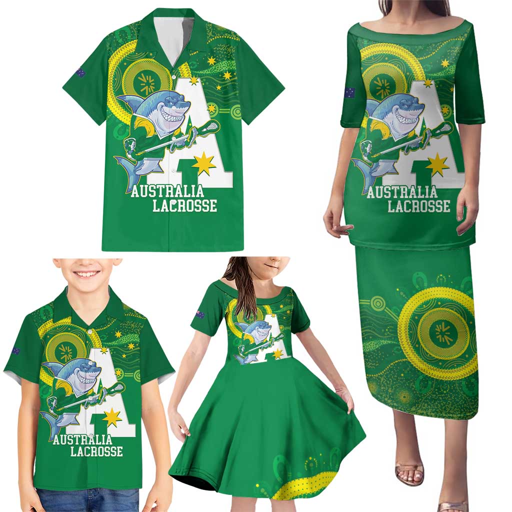 Custom Australia Lacrosse Family Matching Puletasi and Hawaiian Shirt Go Aussie Shark Aboriginal Art