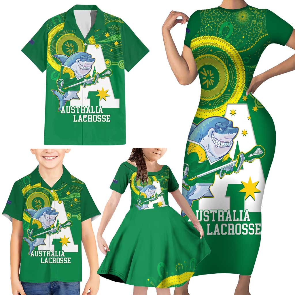 Custom Australia Lacrosse Family Matching Short Sleeve Bodycon Dress and Hawaiian Shirt Go Aussie Shark Aboriginal Art