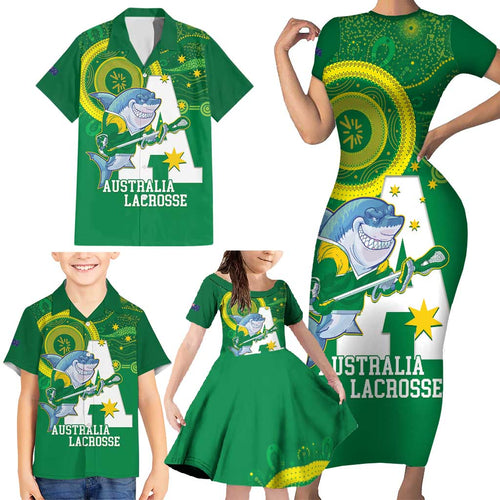 Custom Australia Lacrosse Family Matching Short Sleeve Bodycon Dress and Hawaiian Shirt Go Aussie Shark Aboriginal Art