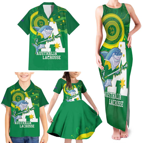 Custom Australia Lacrosse Family Matching Tank Maxi Dress and Hawaiian Shirt Go Aussie Shark Aboriginal Art