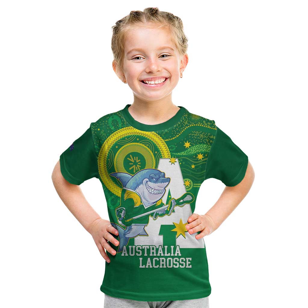 Custom Australia Lacrosse Kid T Shirt Go Aussie Shark Aboriginal Art
