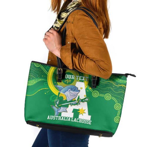 Custom Australia Lacrosse Leather Tote Bag Go Aussie Shark Aboriginal Art