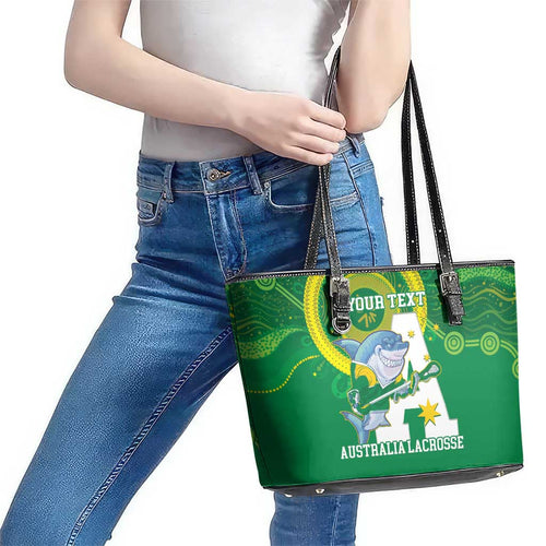 Custom Australia Lacrosse Leather Tote Bag Go Aussie Shark Aboriginal Art