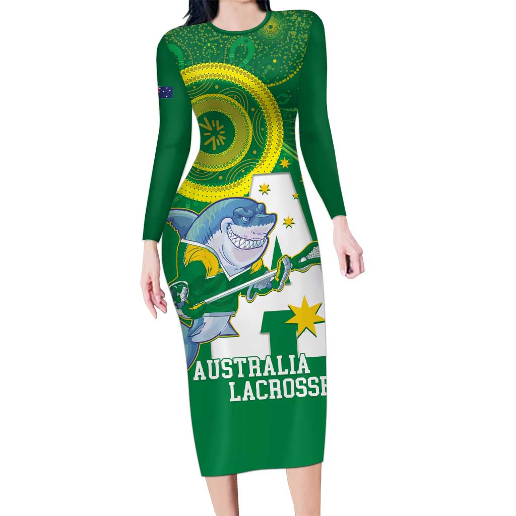 Custom Australia Lacrosse Long Sleeve Bodycon Dress Go Aussie Shark Aboriginal Art
