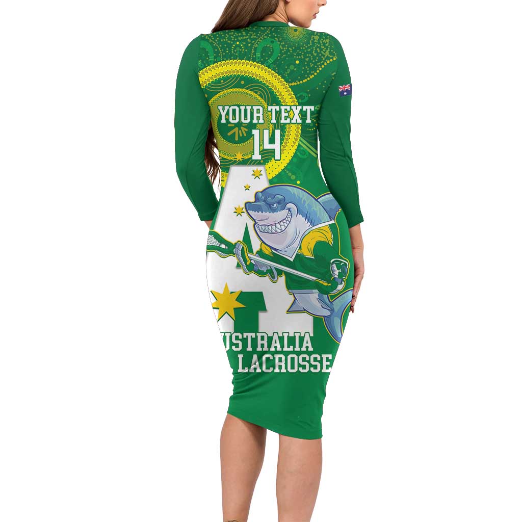 Custom Australia Lacrosse Long Sleeve Bodycon Dress Go Aussie Shark Aboriginal Art