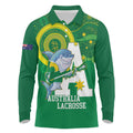 Custom Australia Lacrosse Long Sleeve Polo Shirt Go Aussie Shark Aboriginal Art