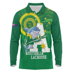 Custom Australia Lacrosse Long Sleeve Polo Shirt Go Aussie Shark Aboriginal Art