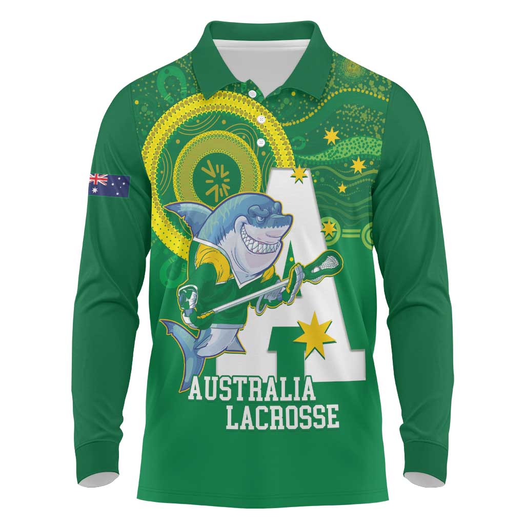 Custom Australia Lacrosse Long Sleeve Polo Shirt Go Aussie Shark Aboriginal Art