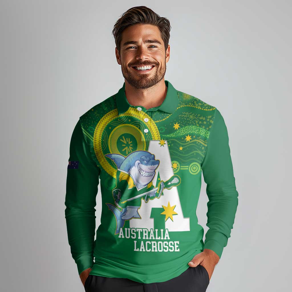 Custom Australia Lacrosse Long Sleeve Polo Shirt Go Aussie Shark Aboriginal Art