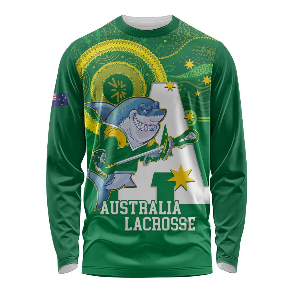 Custom Australia Lacrosse Long Sleeve Shirt Go Aussie Shark Aboriginal Art