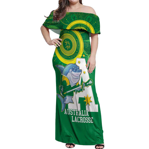 Custom Australia Lacrosse Off Shoulder Maxi Dress Go Aussie Shark Aboriginal Art